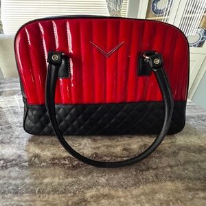 NWOT Liquor Brand Red Glitter Vinyl & Black Quilted Faux Leather Chevron Handbag